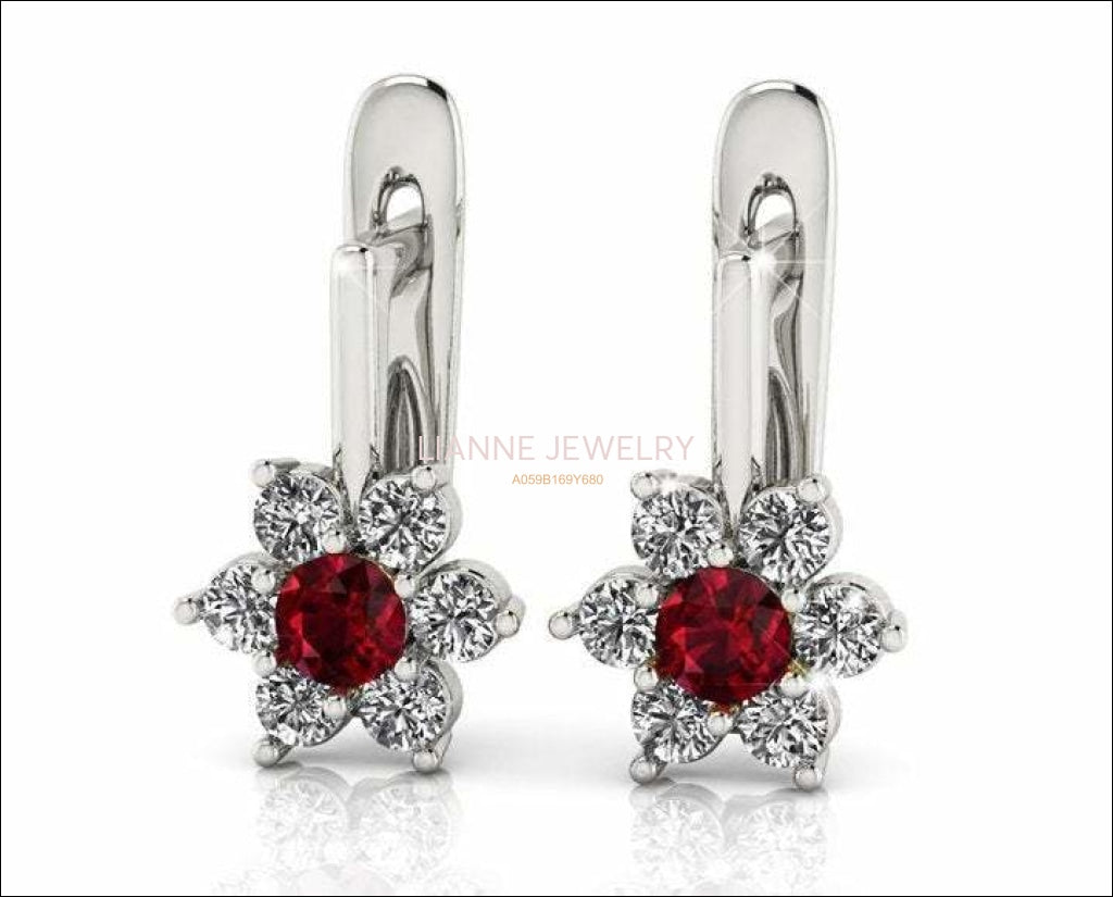 Red Earrings Flower LeverBack Earrings Gold Earrings Art Nouveau Ruby Earrings Diamond Earrings Flower Earrings in 14K or 18K White gold - Lianne Jewelry