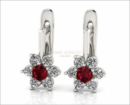 Red Earrings Flower LeverBack Earrings Gold Earrings Art Nouveau Ruby Earrings Diamond Earrings Flower Earrings in 14K or 18K White gold - Lianne Jewelry