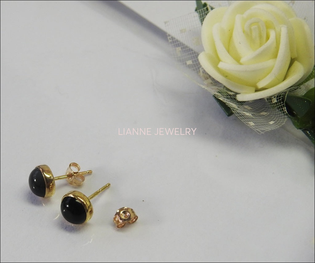 14K Stunning Onyx Stud Earrings Black Earrings Girls Earrings Birthday gift Onyx Earrings Cabochon Earrings Minimalist Earrings 6mm Round - Lianne Jewelry