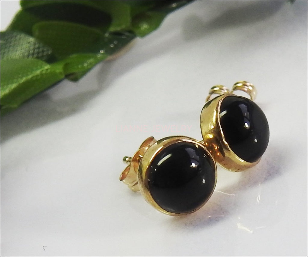 14K Stunning Onyx Stud Earrings Black Earrings Girls Earrings Birthday gift Onyx Earrings Cabochon Earrings Minimalist Earrings 6mm Round - Lianne Jewelry