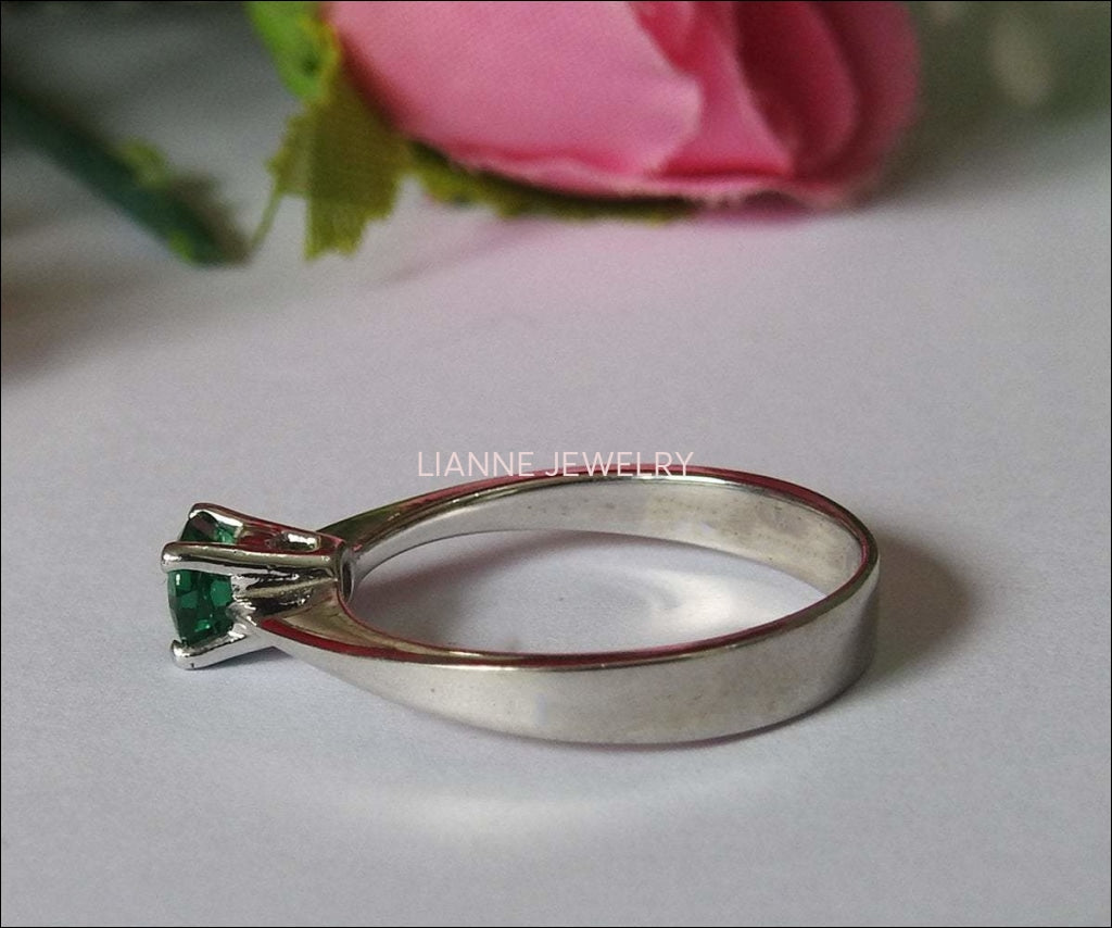 Liquidation SALE 50% Off, Solitaire Emerald Silver Ring Engagement Ring - Lianne Jewelry