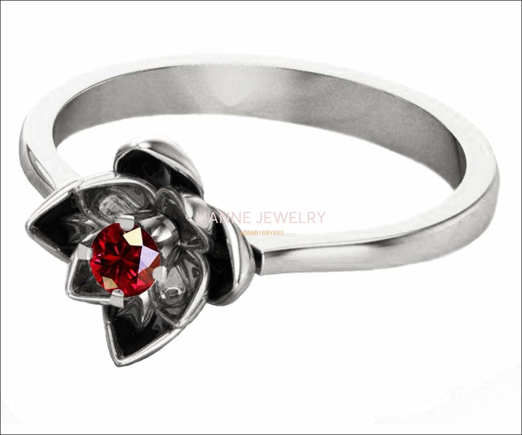 Lotus Ring, White Gold Ruby Flower Ring Lotus Ring Art Nouveau unique Engagement ring Flower ring Red Floral ring 18K Yellow gold - Lianne Jewelry