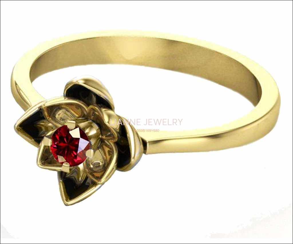 Lotus Ring, Gold Ruby Flower Ring Lotus Ring Art Nouveau unique Engagement ring Flower ring Red Floral ring 18K Yellow gold - Lianne Jewelry