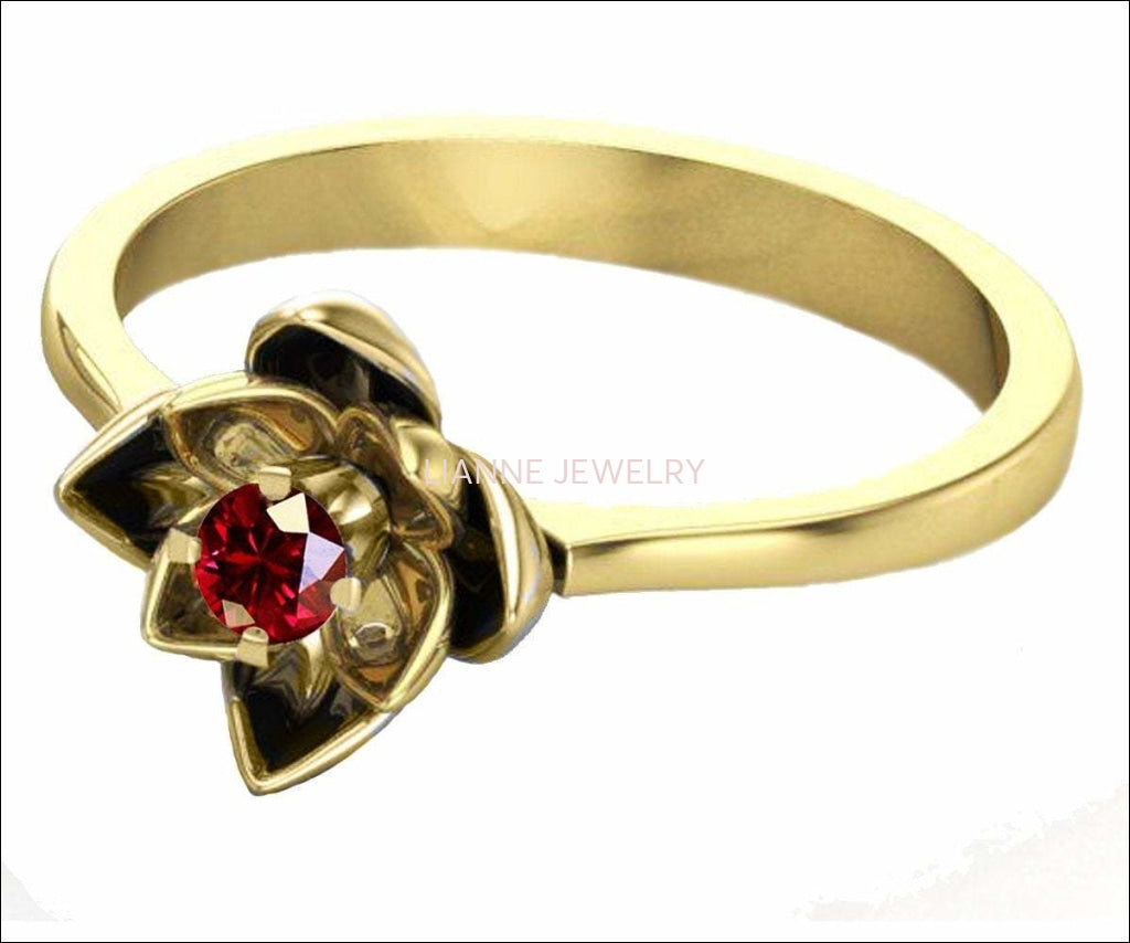 Lotus Ring, White Gold Ruby Flower Ring Lotus Ring Art Nouveau unique Engagement ring Flower ring Red Floral ring 18K Yellow gold - Lianne Jewelry