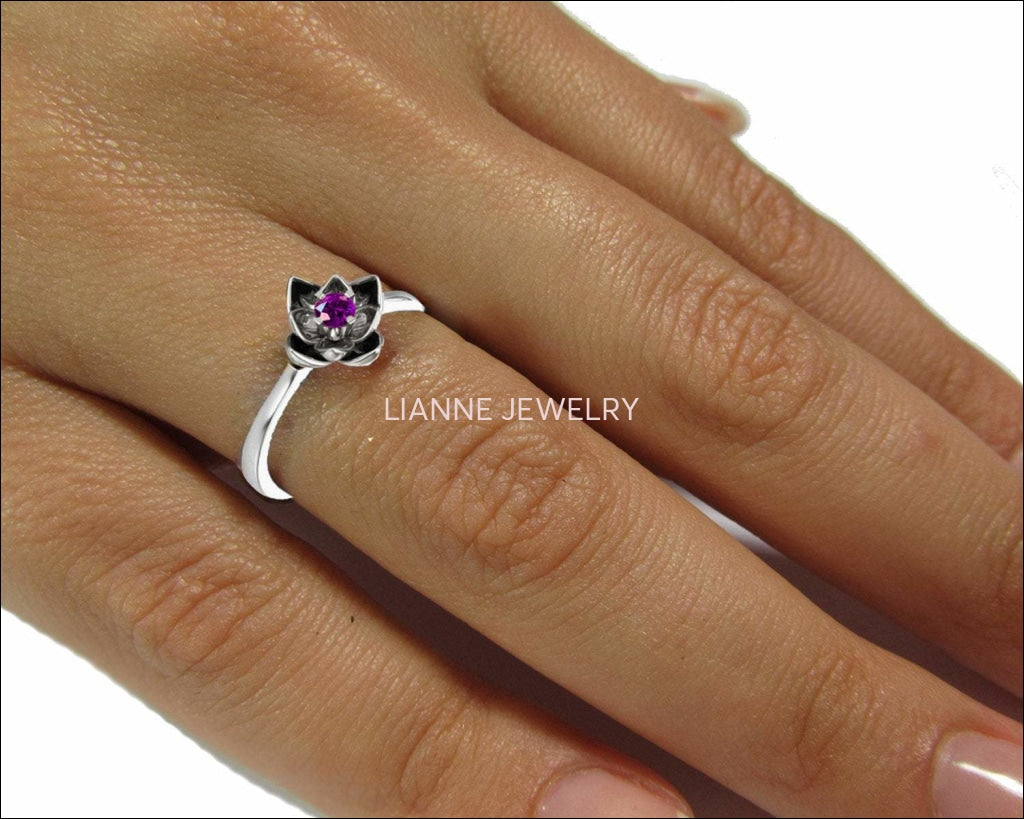 Lotus Ring, Botanical Ring Amethyst Flower Ring Lotus Ring Purple Flower Ring 18K White gold Engagement Ring - Lianne Jewelry