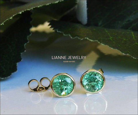 Solid Gold Round Emerald Studs Bezel set 6.5mm, Natural Emeralds Earrings, Super Green Sparkle - Lianne Jewelry