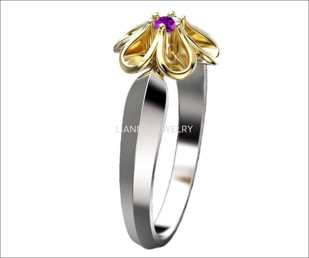 2 Tone Flower Ring with Amethyst Leaves Ring Promise Ring Unique Engagement Ring Floral ring Birthday Gift For Her in 18K Gold - Lianne Jewelry