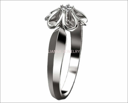 18K White gold Flower Ring Solitaire Flower Ring Leaves Ring Promise Ring Unique Engagement Ring - Lianne Jewelry