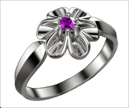 Leaves Ring Promise Ring Flower Purple 18K White gold Flower Ring with Amethyst Solitaire Flower Ring Unique Engagement Ring - Lianne Jewelry