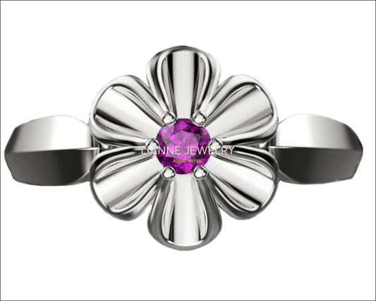 Leaves Ring Promise Ring Flower Purple 18K White gold Flower Ring with Amethyst Solitaire Flower Ring Unique Engagement Ring - Lianne Jewelry