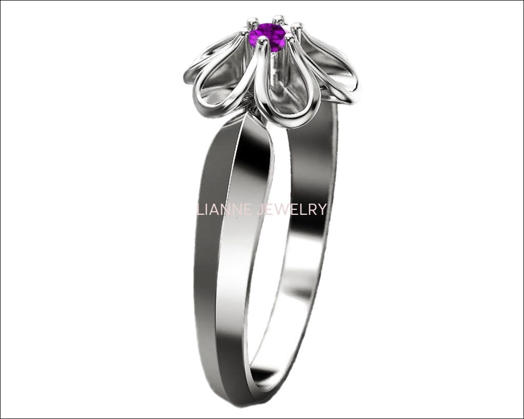 Leaves Ring Promise Ring Flower Purple 18K White gold Flower Ring with Amethyst Solitaire Flower Ring Unique Engagement Ring - Lianne Jewelry