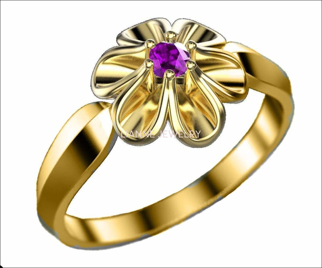 18K Yellow gold Flower Ring with Amethyst Solitaire Flower Ring Leaves Ring Promise Ring Unique Engagement Ring - Lianne Jewelry