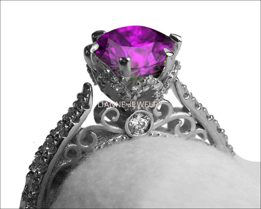 18K Amethyst Edwardian Filigree Flower Unique Diamond Engagement Ring 6 prongs - Lianne Jewelry