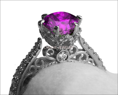 18K Amethyst Edwardian Filigree Flower Unique Diamond Engagement Ring 6 prongs - Lianne Jewelry