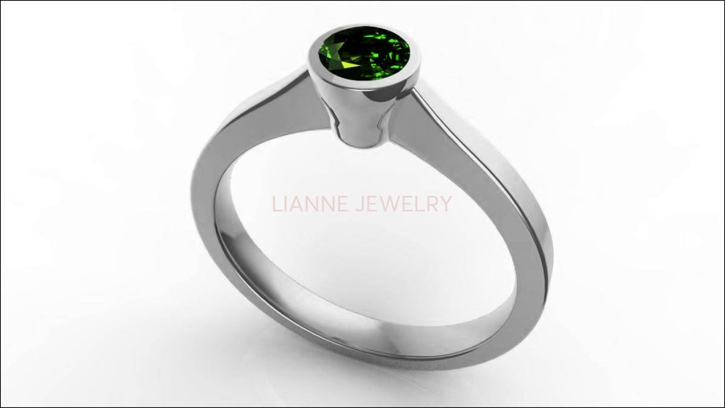 Emerald Solitaire Ring Bezel set 14K White Gold Emerald ring Green Ring Unique Engagement Ring Minimalist Ring - Lianne Jewelry