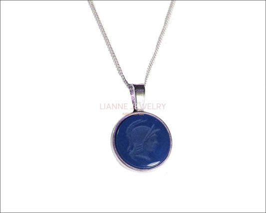 Round Blue Agate Pendant Intaglio 18mm Tibetan Silver Antique Silver including chain - Lianne Jewelry