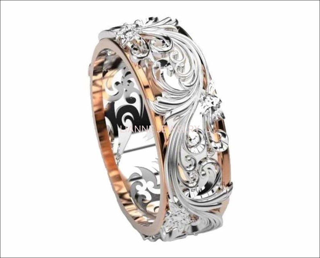 2 Tone Rose Gold White Leaves Wedding Band 18K Gold Milgrain Band Ring Promise Band - Lianne Jewelry