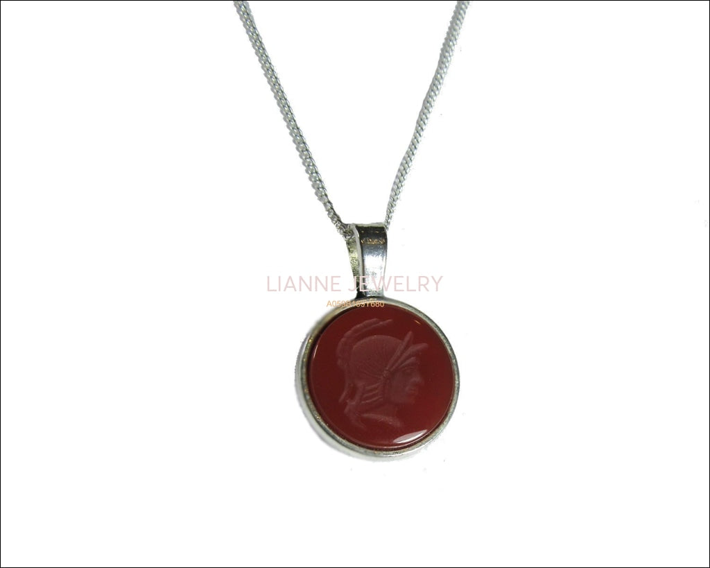 Round Carnelian Pendant Intaglio 18mm Tibetan Silver Antique Silver including chain - Lianne Jewelry