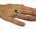 Ring Set Filigree Band 2 Tone Green Bridal Set Flower Set Ring Milgrain Band Ring Lab Emerald Art Nouveau unique wedding band - Lianne Jewelry