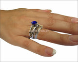 2 Tone Matching Ring Set Filigree Band Ring Blue Bridal Set Flower Set Ring Milgrain Band Ring Lab Sapphire Art Nouveau unique wedding band - Lianne Jewelry