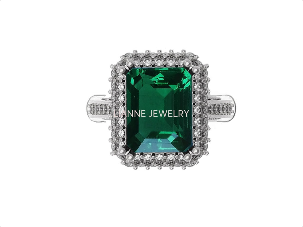 18K White Gold Emerald Engagement Ring Milgrain Pave Diamond all around Halo Emerald Ring Gold Ring Vintage Style Emerald May Birthstone - Lianne Jewelry