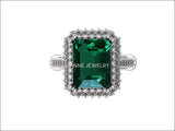 18K White Gold Emerald Engagement Ring Milgrain Pave Diamond all around Halo Emerald Ring Gold Ring Vintage Style Emerald May Birthstone - Lianne Jewelry