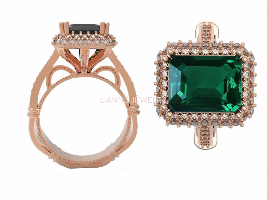 18K Rose Gold Emerald Emerald cut Engagement Ring surrounded with Diamonds - Lianne Jewelry