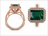 18K Rose Gold Emerald Emerald cut Engagement Ring surrounded with Diamonds - Lianne Jewelry