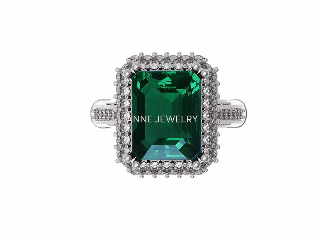 Emerald Engagement Ring Milgrain Pave Diamond all around Halo Emerald Ring Silver Ring Vintage Style Emerald May Birthstone - Lianne Jewelry