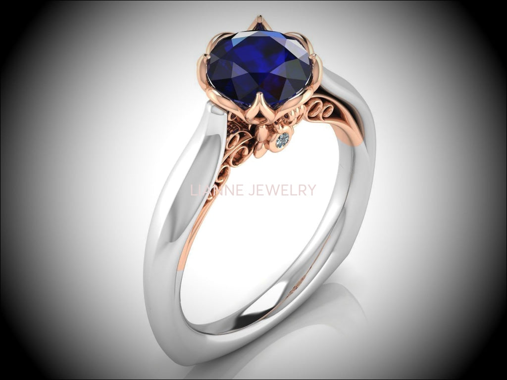 2 Tone Sapphire Engagement Ring Milgrain Solitaire Ring 18K Solid Gold Contour Filigree Vintage Style - Lianne Jewelry