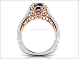 2 Tone Sapphire Engagement Ring Milgrain Solitaire Ring 18K Solid Gold Contour Filigree Vintage Style - Lianne Jewelry