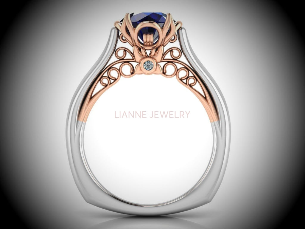 2 Tone Sapphire Engagement Ring Milgrain Solitaire Ring 18K Solid Gold Contour Filigree Vintage Style - Lianne Jewelry