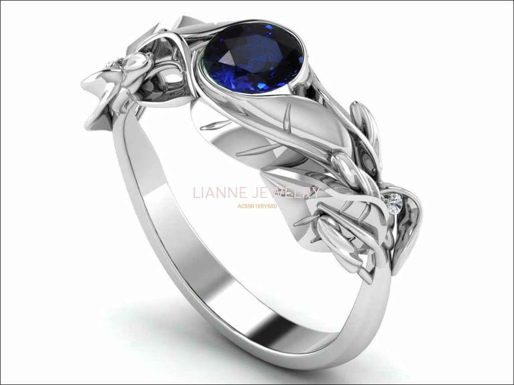 Floral Sapphire Engagement Ring Leaves Ring Solitaire Ring 18K Solid White Gold Twig Ring Branch Ring Botanical Ring Vintage Style - Lianne Jewelry