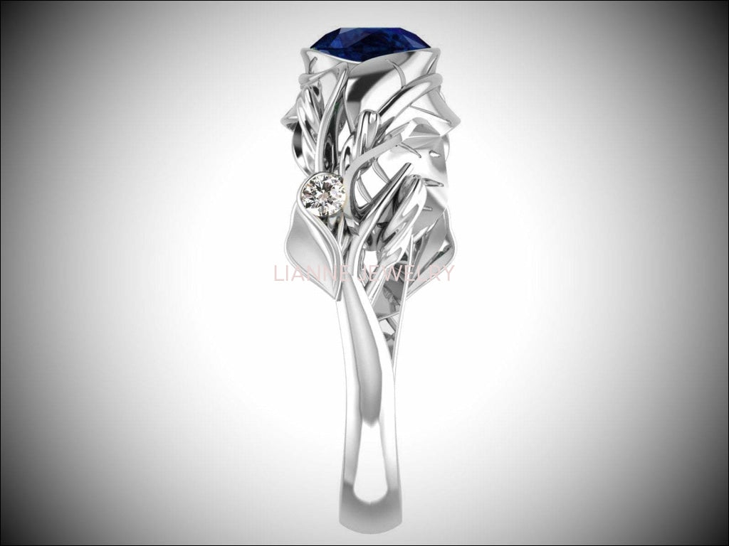 Floral Sapphire Engagement Ring Leaves Ring Solitaire Ring 18K Solid White Gold Twig Ring Branch Ring Botanical Ring Vintage Style - Lianne Jewelry