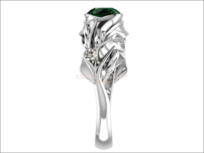 Floral Emerald Engagement Ring Leaves Ring Solitaire Ring 18K Solid White Gold Twig Ring Branch Ring Botanical Ring Vintage Style - Lianne Jewelry