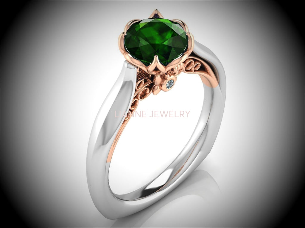 2 Tone Emerald Engagement Ring Milgrain Solitaire Ring 18K Solid Gold Contour Filigree Vintage Style - Lianne Jewelry