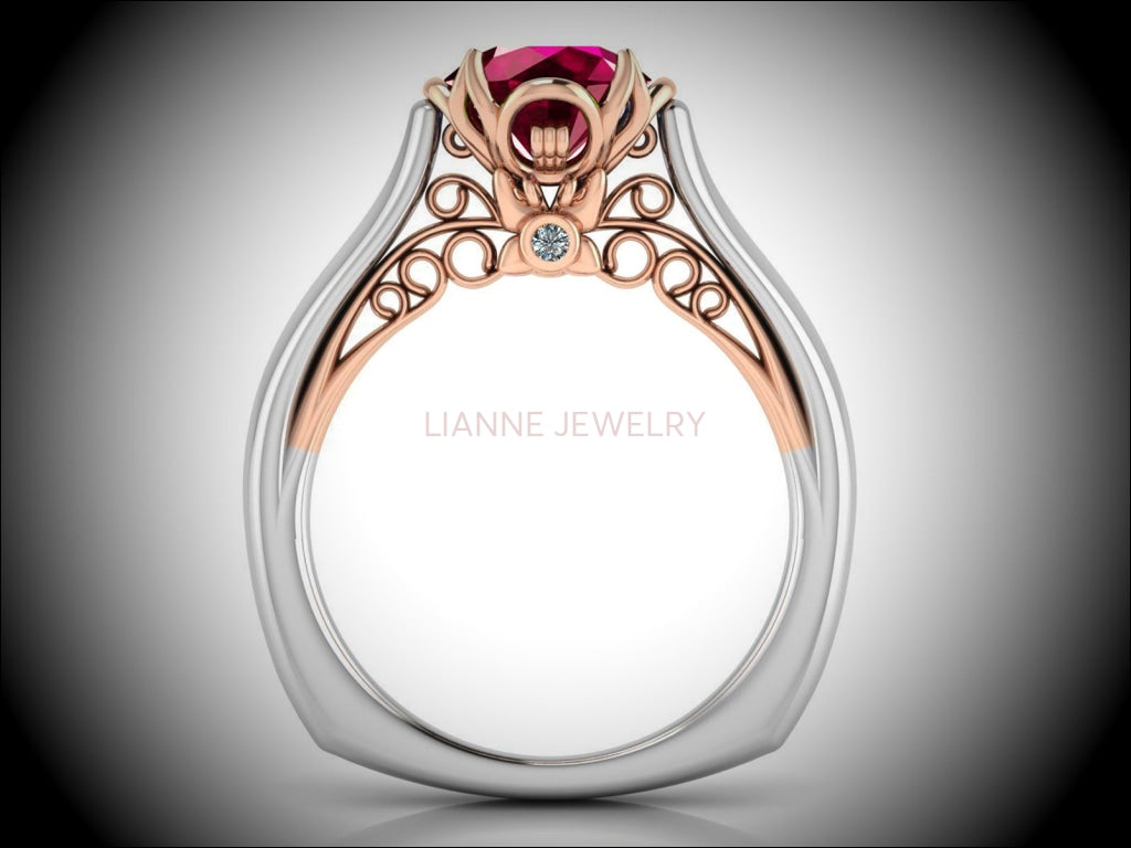 2 Tone Pink Sapphire Engagement Ring Milgrain Solitaire Ring 18K Solid Gold Contour Filigree Vintage Style - Lianne Jewelry