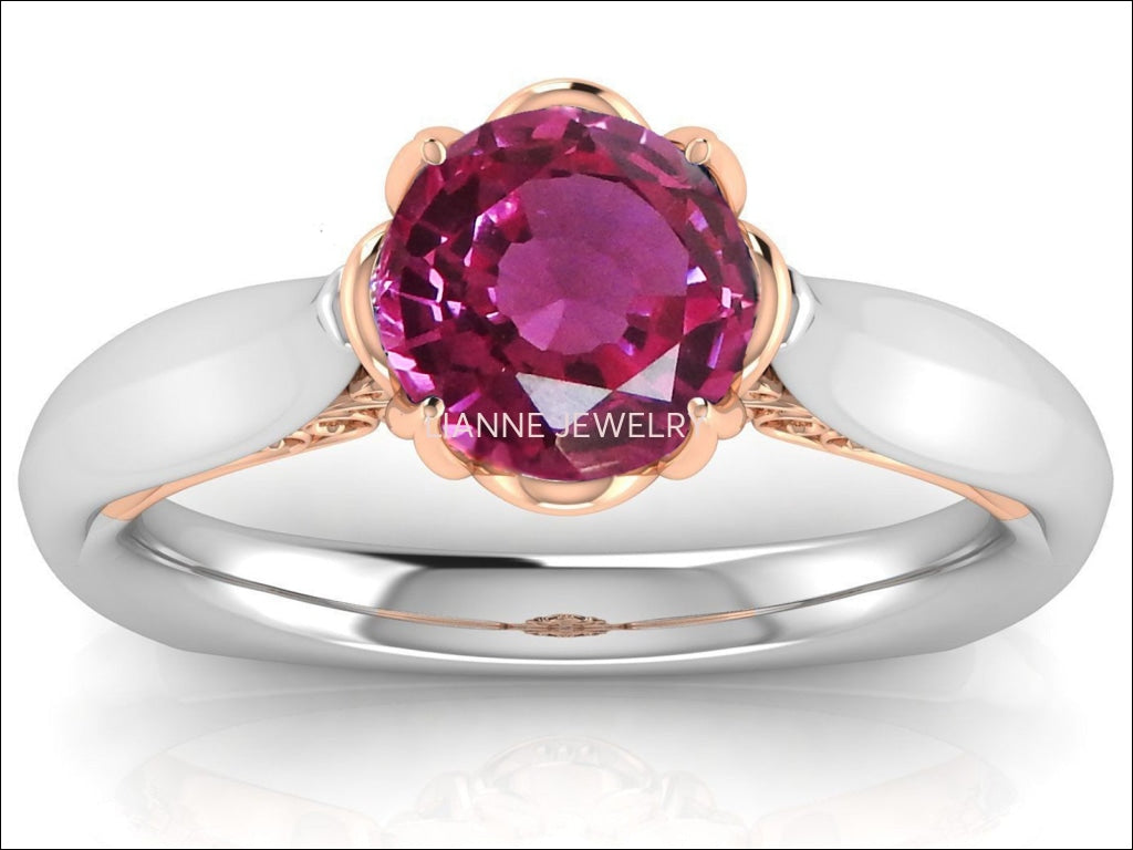 2 Tone Pink Sapphire Engagement Ring Milgrain Solitaire Ring 18K Solid Gold Contour Filigree Vintage Style - Lianne Jewelry