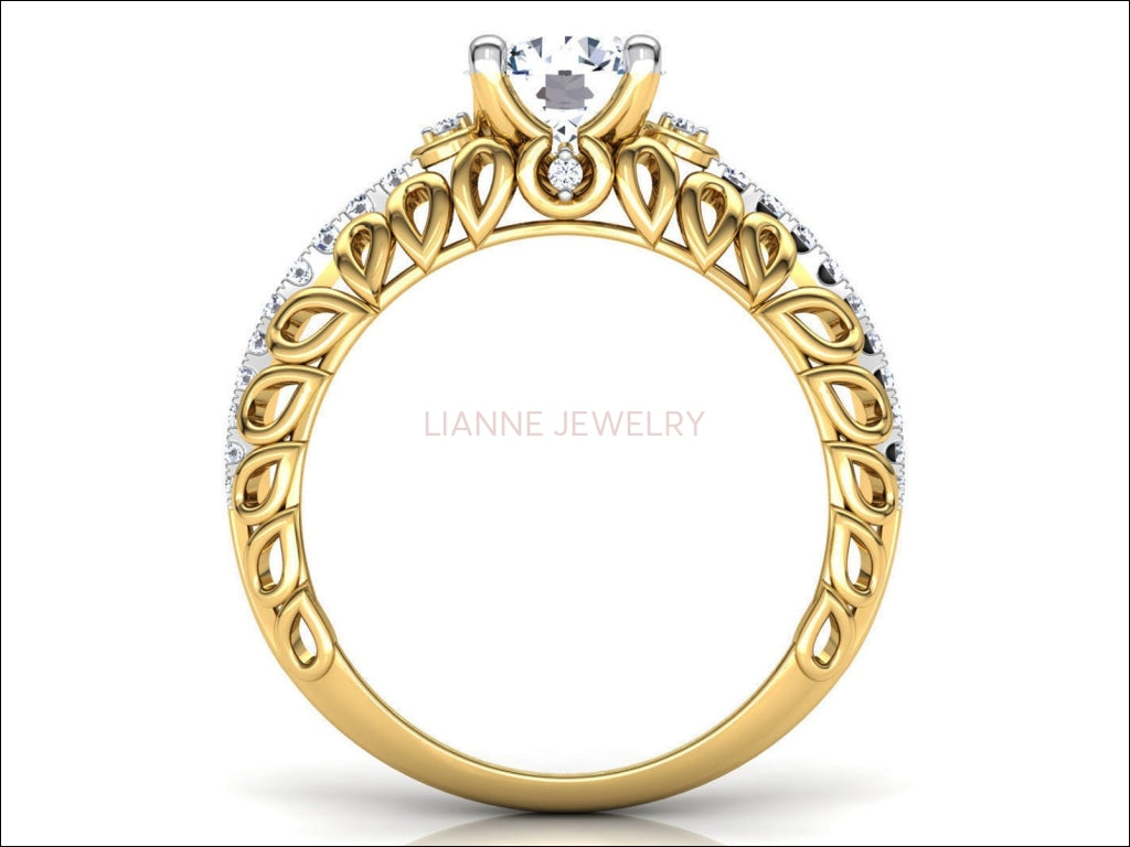 1.3 carat Milgrain Filigree Diamond Gold Ring Wide Shank with Row Diamonds Unique Engagement Milgrain Diamond Engraved Swirl Filigree - Lianne Jewelry