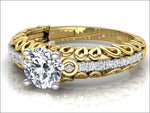 1.3 carat Milgrain Filigree Diamond Gold Ring Wide Shank with Row Diamonds Unique Engagement Milgrain Diamond Engraved Swirl Filigree - Lianne Jewelry