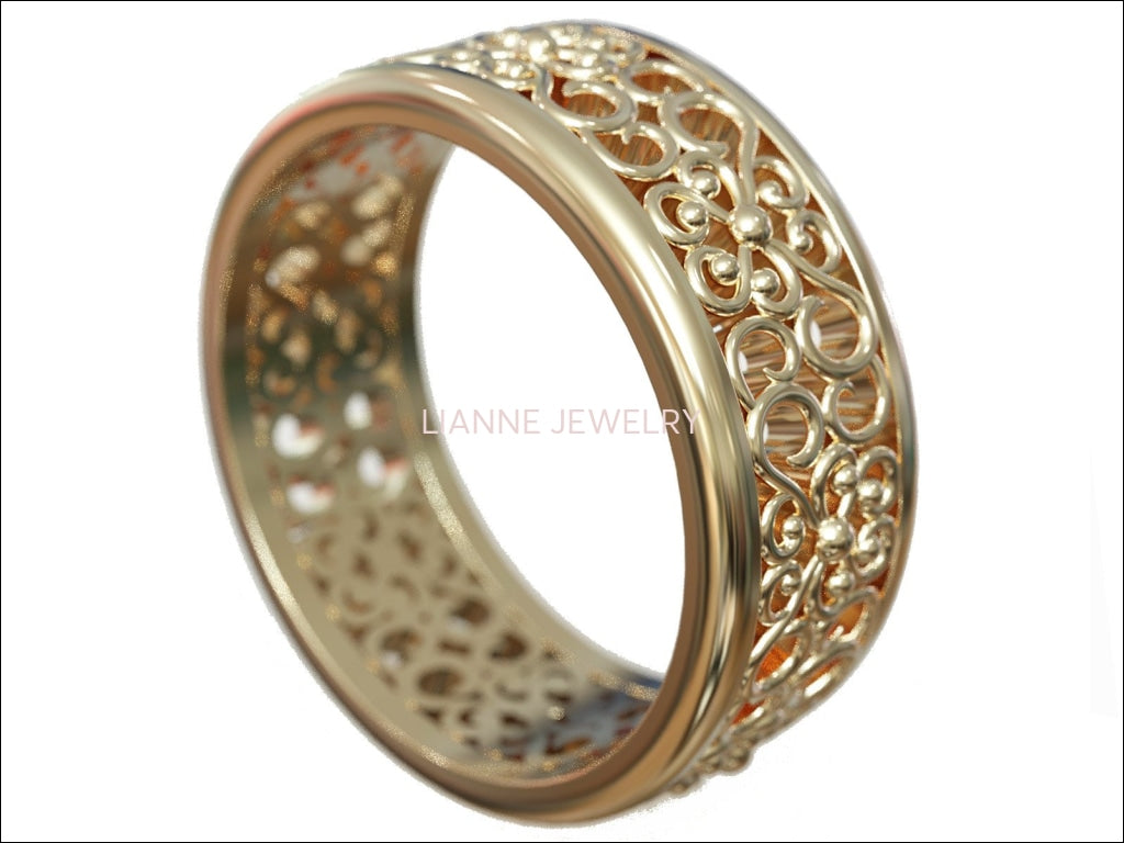 14K Solid Gold Filigree Band Ring Celtic Anniversary Ring - Lianne Jewelry