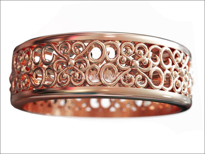 14K Rose Gold Band Flower Wedding Band Filigree Band Milgrain Band Engraved Flower Band Leaf Band Botanical Band - Lianne Jewelry