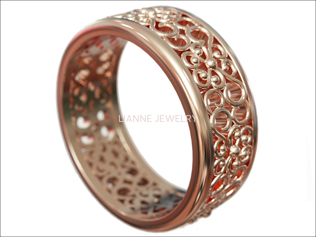 14K Rose Gold Band Flower Wedding Band Filigree Band Milgrain Band Engraved Flower Band Leaf Band Botanical Band - Lianne Jewelry