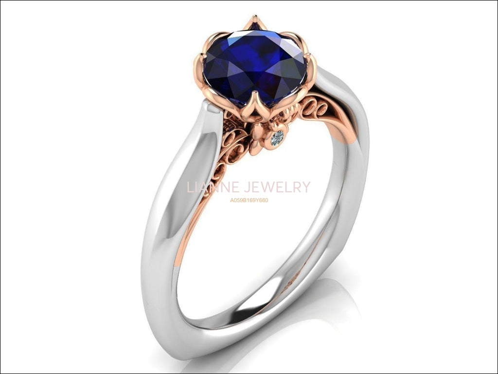 2 Tone Sapphire Engagement Ring Milgrain Solitaire Ring 18K Solid Gold Contour Filigree Vintage Style - Lianne Jewelry