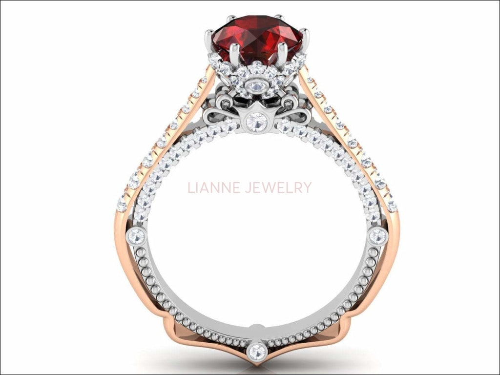 14K Gold 2 Tone Ruby Engagement Ring Milgrain Solitaire Ring 18K Solid Gold Contour Filigree Vintage Style - Lianne Jewelry