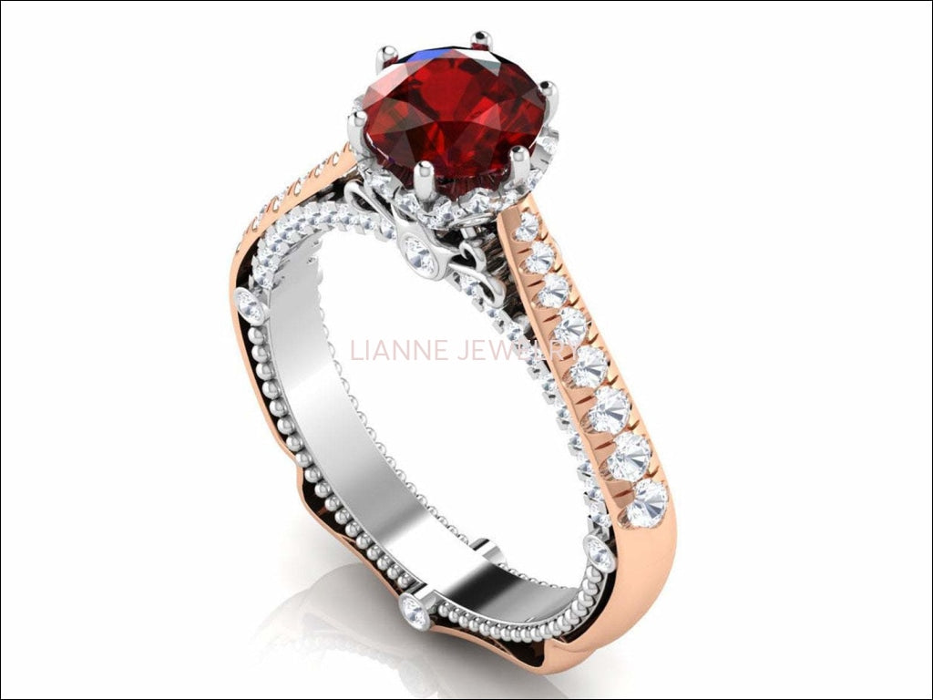 14K Gold 2 Tone Ruby Engagement Ring Milgrain Solitaire Ring 18K Solid Gold Contour Filigree Vintage Style - Lianne Jewelry