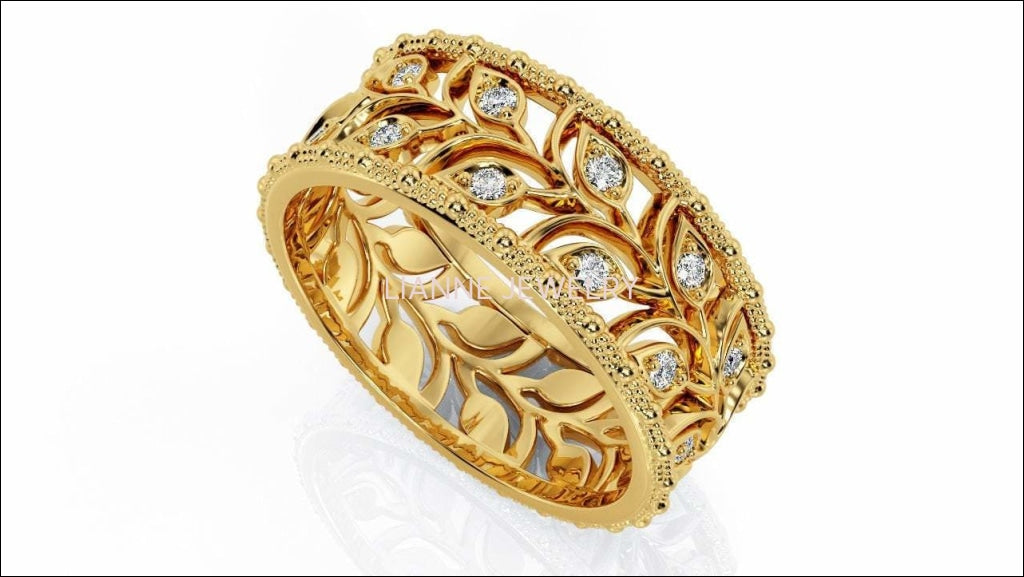 Wedding Band Milgrain Leaf gold Leaves Wedding Band Wide Band with Diamonds Leaf Floral Band Ring Birthday Gift Wedding Ring Band Milgrain - Lianne Jewelry