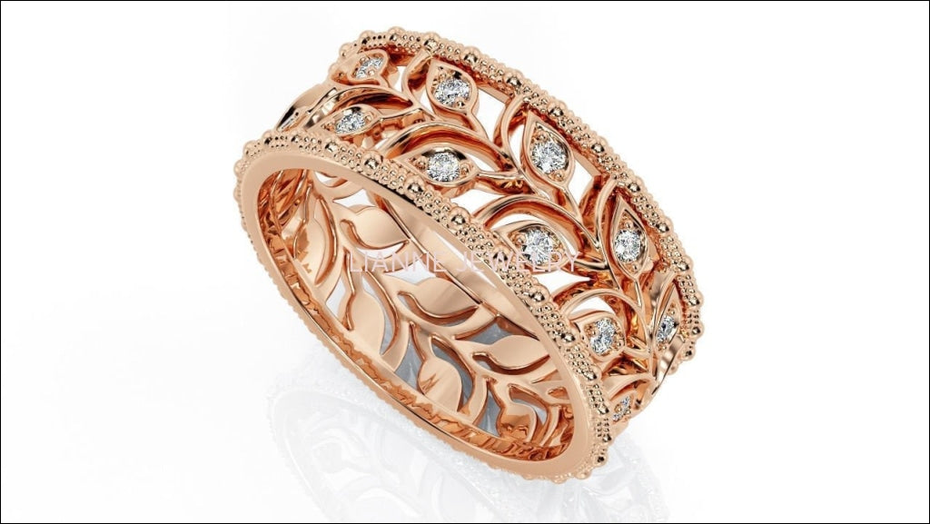 Rose gold Leaves Wedding Band Wide Band with Diamonds Leaf Floral Band Ring Birthday Gift Wedding Ring Band Milgrain - Lianne Jewelry