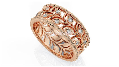 Rose gold Leaves Wedding Band Wide Band with Diamonds Leaf Floral Band Ring Birthday Gift Wedding Ring Band Milgrain - Lianne Jewelry