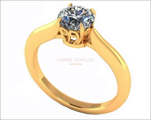 One carat Engagement Ring 14K gold Swirl Prongs Diamond Solitaire Ring 14K Solid Gold - Lianne Jewelry